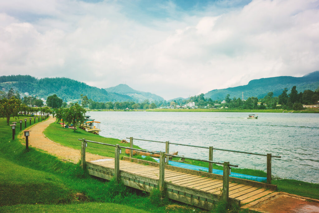 Explore the peaceful atmosphere of Gregory Lake surrounded by misty mountains and forests.